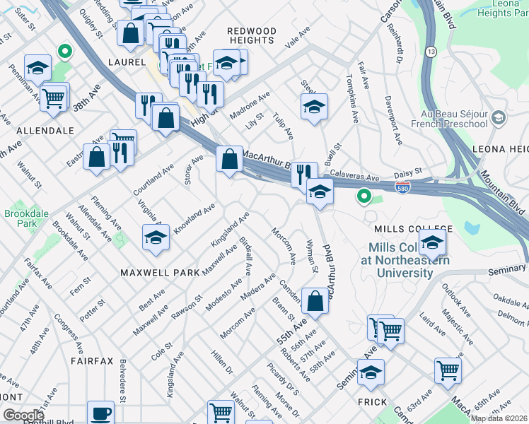 map of restaurants, bars, coffee shops, grocery stores, and more near 3428 Kingsland Avenue in Oakland