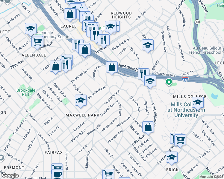 map of restaurants, bars, coffee shops, grocery stores, and more near 3508 Morcom Avenue in Oakland