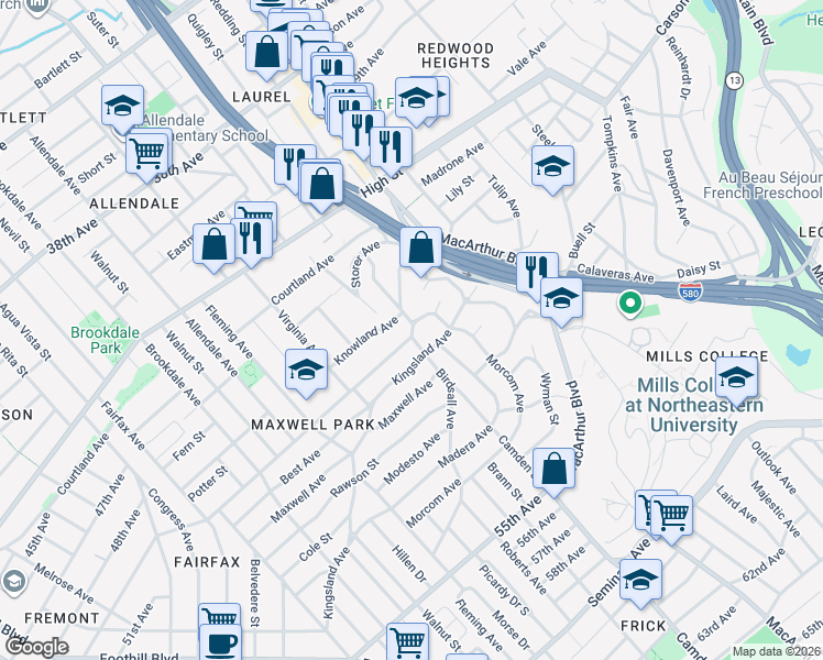 map of restaurants, bars, coffee shops, grocery stores, and more near 3508 Morcom Avenue in Oakland