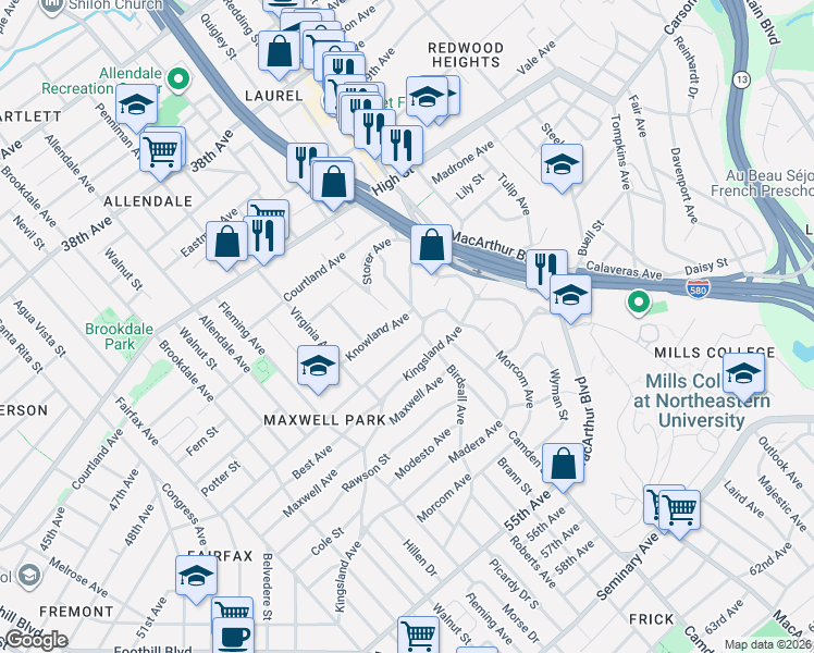 map of restaurants, bars, coffee shops, grocery stores, and more near 4751 Meldon Avenue in Oakland
