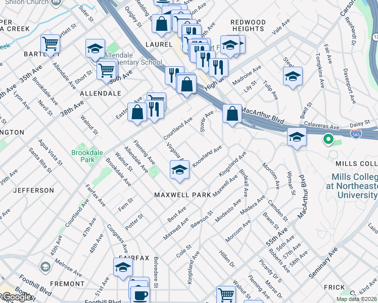 map of restaurants, bars, coffee shops, grocery stores, and more near 3141 Herriott Avenue in Oakland