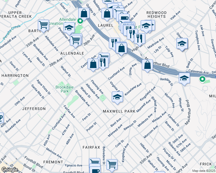 map of restaurants, bars, coffee shops, grocery stores, and more near in Oakland
