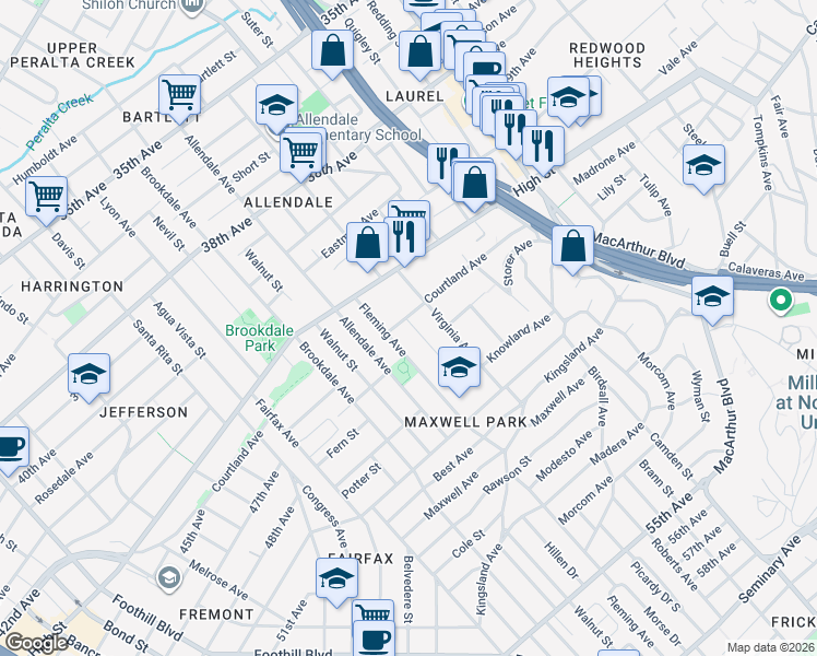 map of restaurants, bars, coffee shops, grocery stores, and more near 4403 Virginia Avenue in Oakland