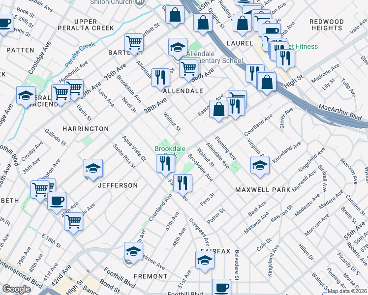 map of restaurants, bars, coffee shops, grocery stores, and more near 4100 Brookdale Avenue in Oakland