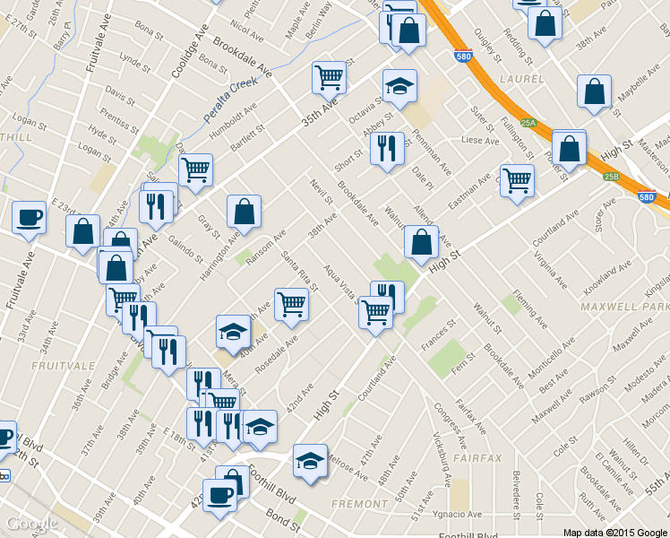 map of restaurants, bars, coffee shops, grocery stores, and more near 3920 Lyon Avenue in Oakland