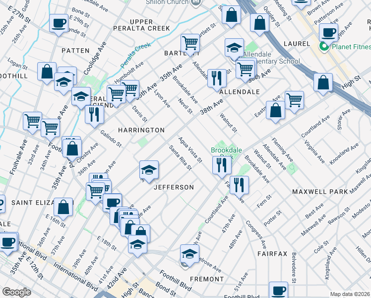 map of restaurants, bars, coffee shops, grocery stores, and more near 3822 Agua Vista Street in Oakland