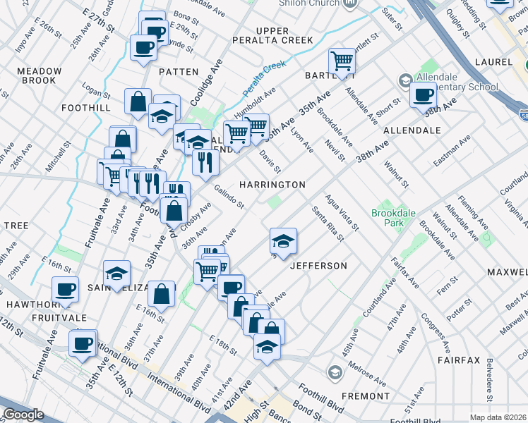 map of restaurants, bars, coffee shops, grocery stores, and more near 2135 Harrington Avenue in Oakland