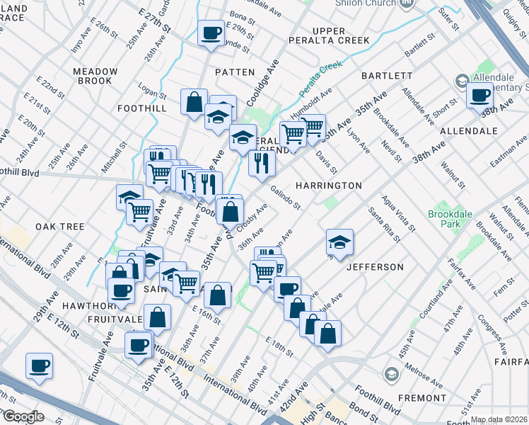 map of restaurants, bars, coffee shops, grocery stores, and more near in Oakland