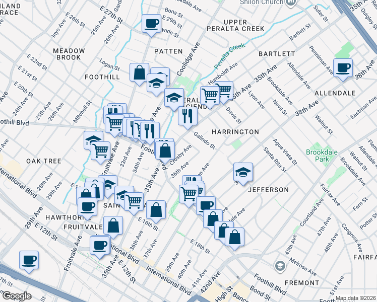 map of restaurants, bars, coffee shops, grocery stores, and more near in Oakland