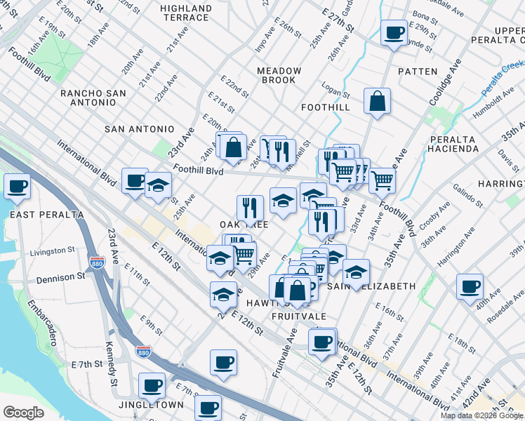 map of restaurants, bars, coffee shops, grocery stores, and more near 1751 28th Avenue in Oakland