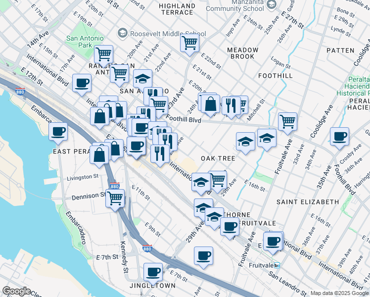 map of restaurants, bars, coffee shops, grocery stores, and more near 2509 East 16th Street in Oakland