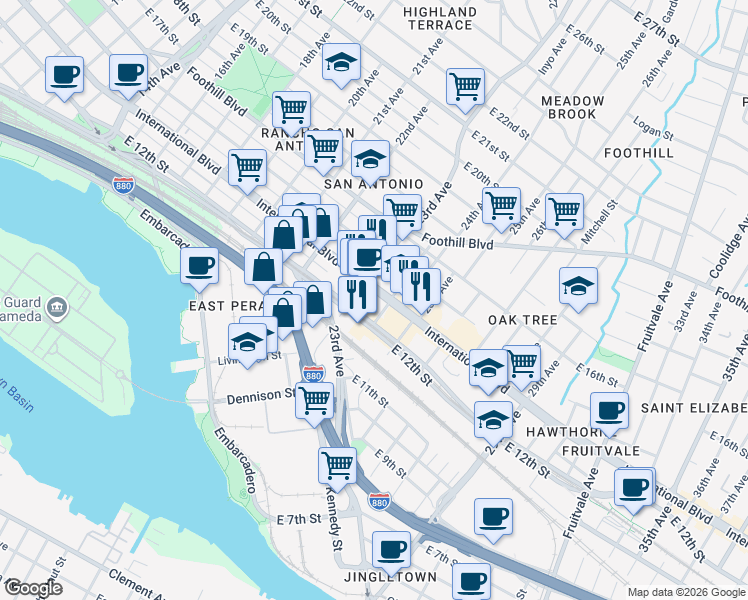 map of restaurants, bars, coffee shops, grocery stores, and more near 2300 International Boulevard in Oakland