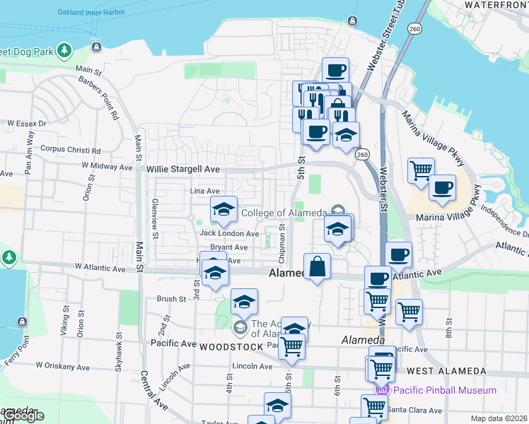 map of restaurants, bars, coffee shops, grocery stores, and more near 2 Jouett Square in Alameda