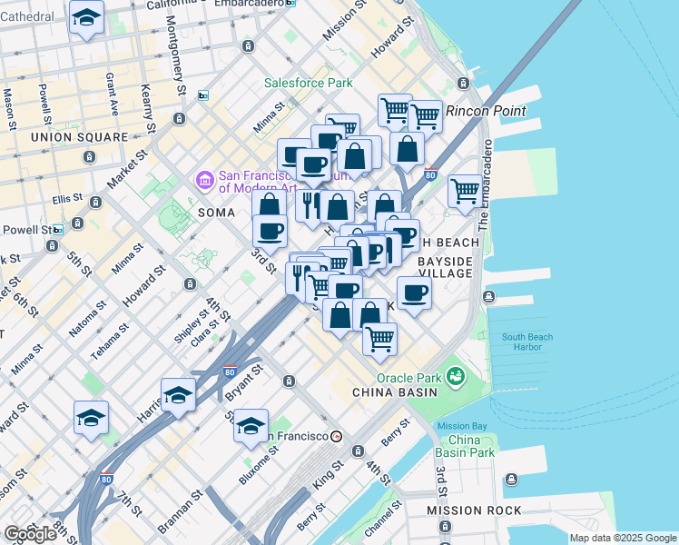 map of restaurants, bars, coffee shops, grocery stores, and more near 455 2nd Street in San Francisco