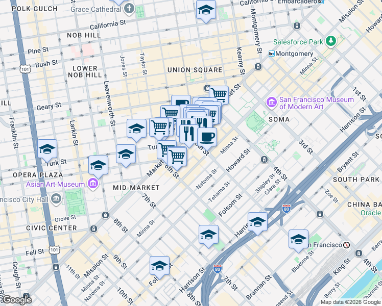 map of restaurants, bars, coffee shops, grocery stores, and more near in San Francisco