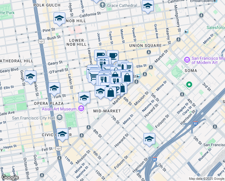 map of restaurants, bars, coffee shops, grocery stores, and more near 220 Jones Street in San Francisco