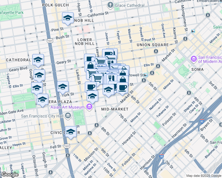 map of restaurants, bars, coffee shops, grocery stores, and more near 355 Eddy Street in San Francisco