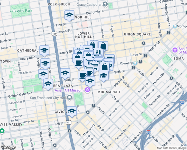 map of restaurants, bars, coffee shops, grocery stores, and more near 455 Eddy Street in San Francisco