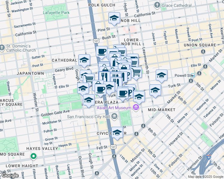 map of restaurants, bars, coffee shops, grocery stores, and more near in San Francisco