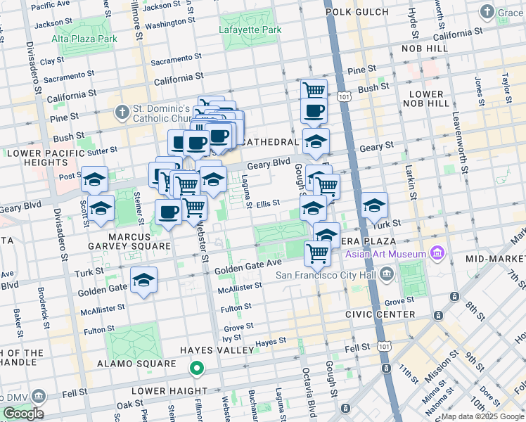 map of restaurants, bars, coffee shops, grocery stores, and more near 1250 Ellis Street in San Francisco