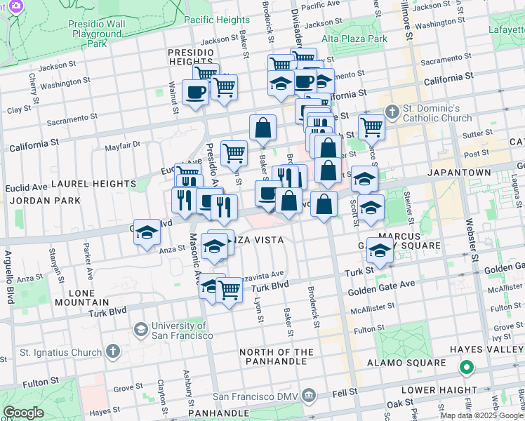 map of restaurants, bars, coffee shops, grocery stores, and more near 2531 Post Street in San Francisco