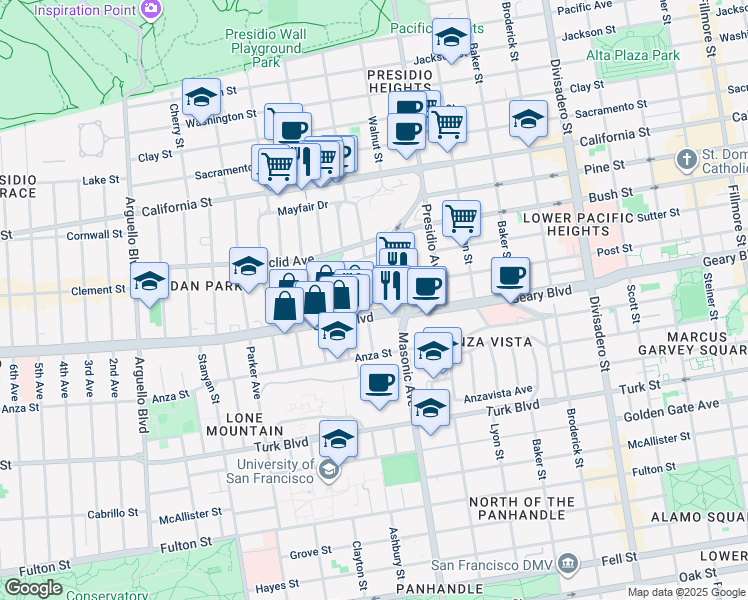 map of restaurants, bars, coffee shops, grocery stores, and more near 15 Wood Street in San Francisco