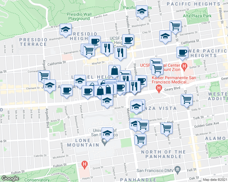 map of restaurants, bars, coffee shops, grocery stores, and more near 15 Wood Street in San Francisco