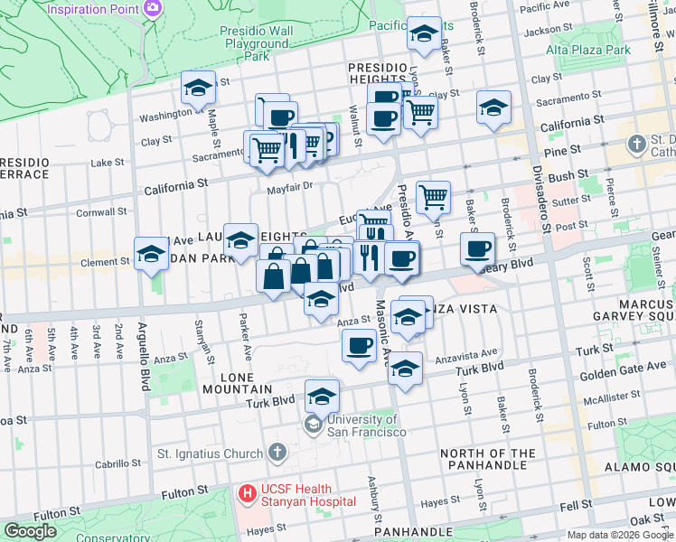 map of restaurants, bars, coffee shops, grocery stores, and more near 15 Wood Street in San Francisco
