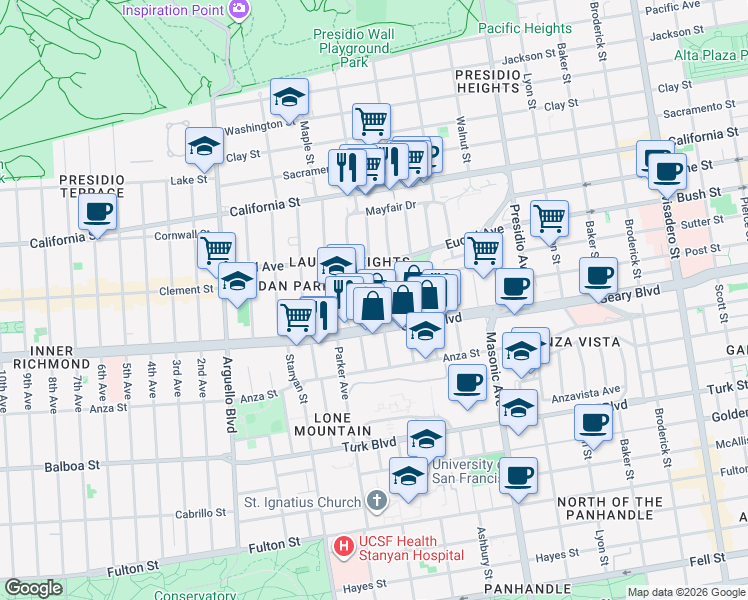 map of restaurants, bars, coffee shops, grocery stores, and more near 17-19 Cook Street in San Francisco