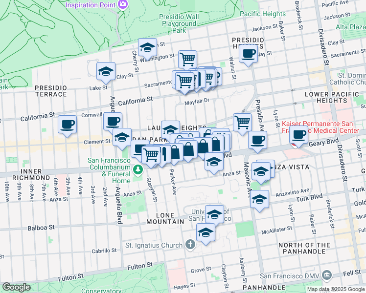 map of restaurants, bars, coffee shops, grocery stores, and more near 17-19 Cook Street in San Francisco