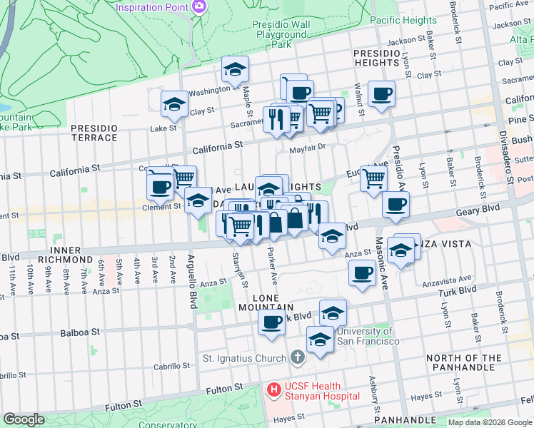 map of restaurants, bars, coffee shops, grocery stores, and more near 617 Spruce Street in San Francisco