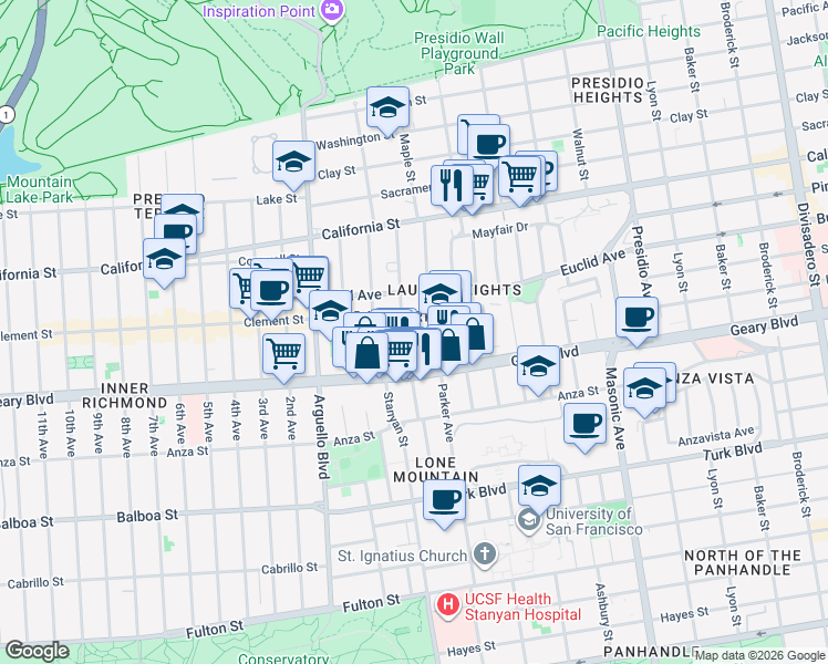 map of restaurants, bars, coffee shops, grocery stores, and more near 118 Commonwealth Avenue in San Francisco