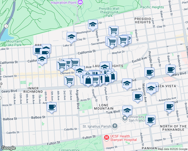 map of restaurants, bars, coffee shops, grocery stores, and more near 118 Commonwealth Avenue in San Francisco