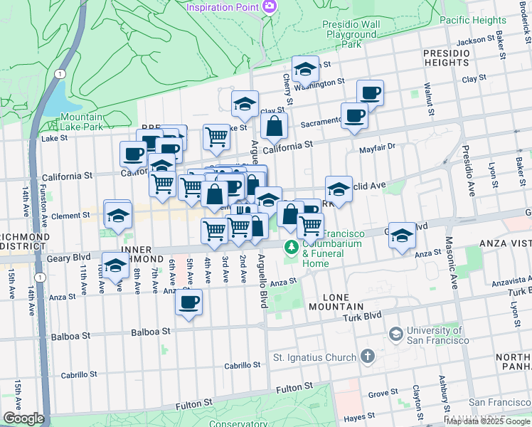 map of restaurants, bars, coffee shops, grocery stores, and more near 412 Arguello Boulevard in San Francisco