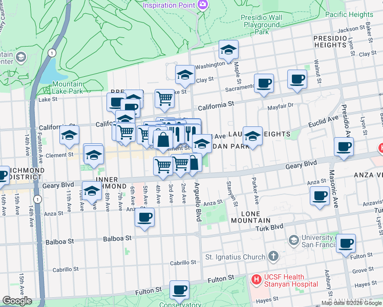 map of restaurants, bars, coffee shops, grocery stores, and more near 126 Clement Street in San Francisco