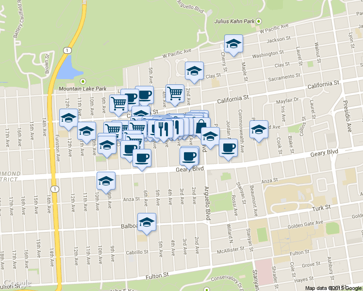 map of restaurants, bars, coffee shops, grocery stores, and more near 277 3rd Avenue in San Francisco