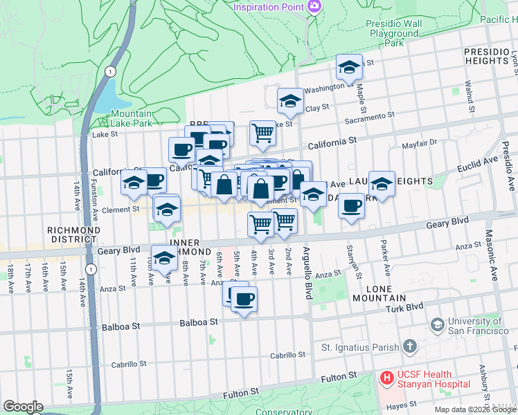 map of restaurants, bars, coffee shops, grocery stores, and more near 277 3rd Avenue in San Francisco