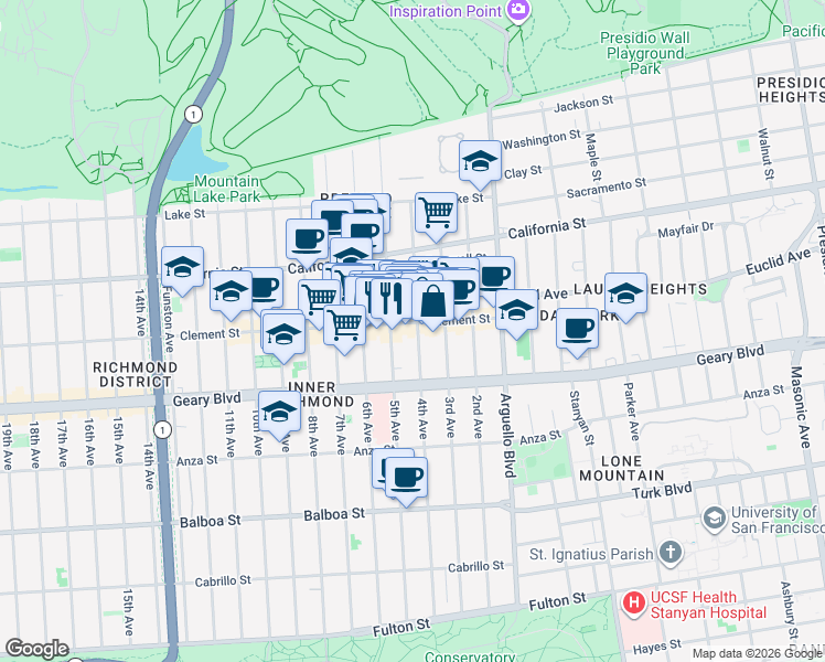 map of restaurants, bars, coffee shops, grocery stores, and more near 270 5th Avenue in San Francisco