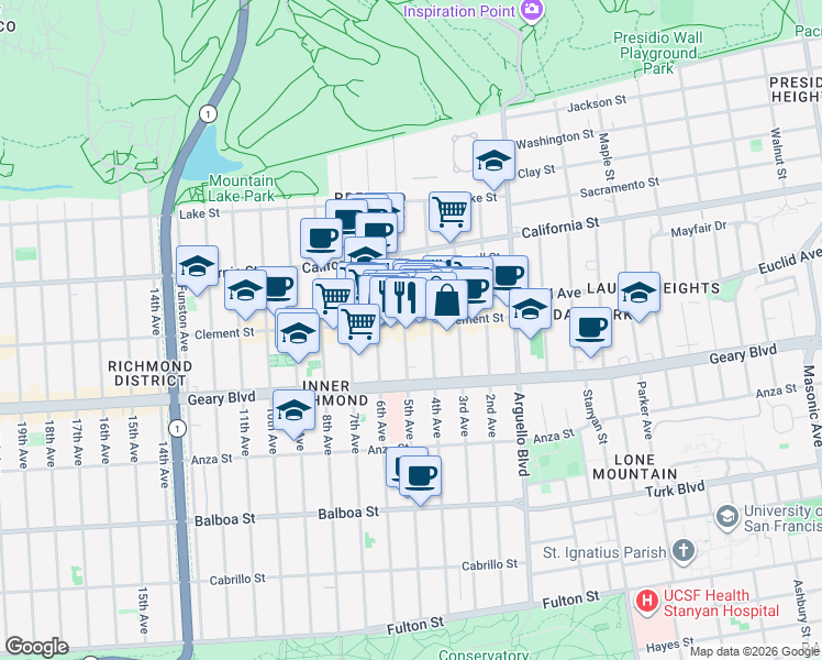 map of restaurants, bars, coffee shops, grocery stores, and more near 270 5th Avenue in San Francisco