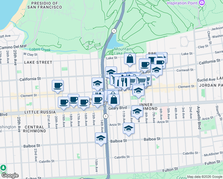 map of restaurants, bars, coffee shops, grocery stores, and more near 262 Funston Avenue in San Francisco