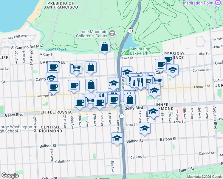 map of restaurants, bars, coffee shops, grocery stores, and more near 249 14th Avenue in San Francisco