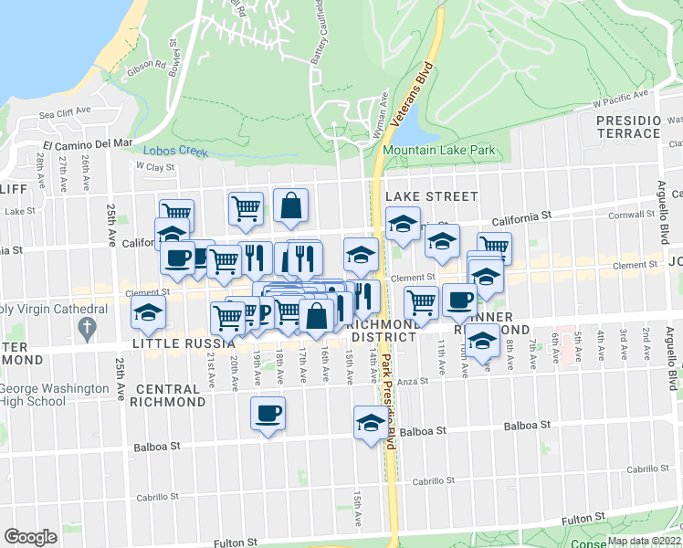 map of restaurants, bars, coffee shops, grocery stores, and more near 240 16th Avenue in San Francisco