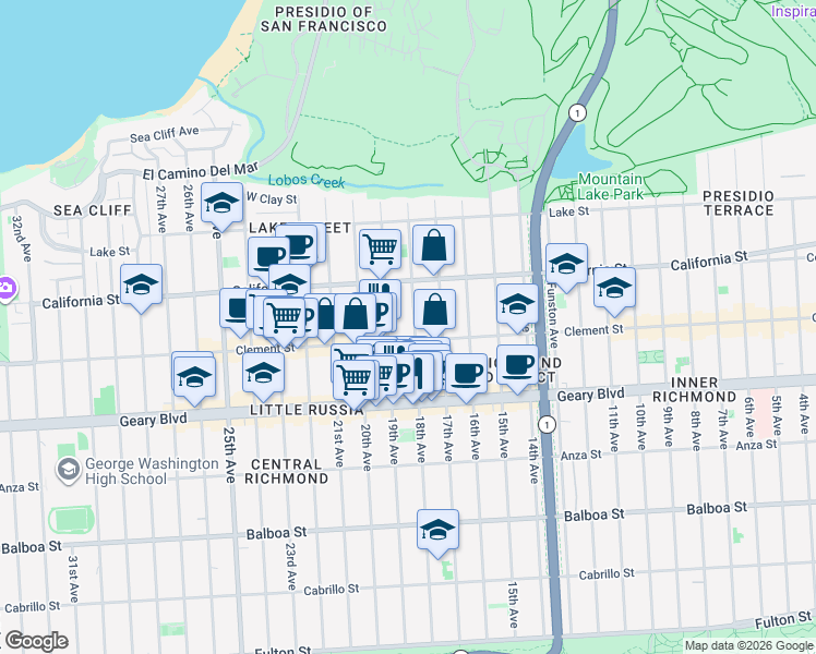 map of restaurants, bars, coffee shops, grocery stores, and more near 234 19th Avenue in San Francisco