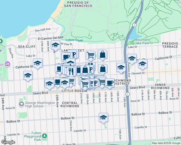 map of restaurants, bars, coffee shops, grocery stores, and more near 236 20th Avenue in San Francisco