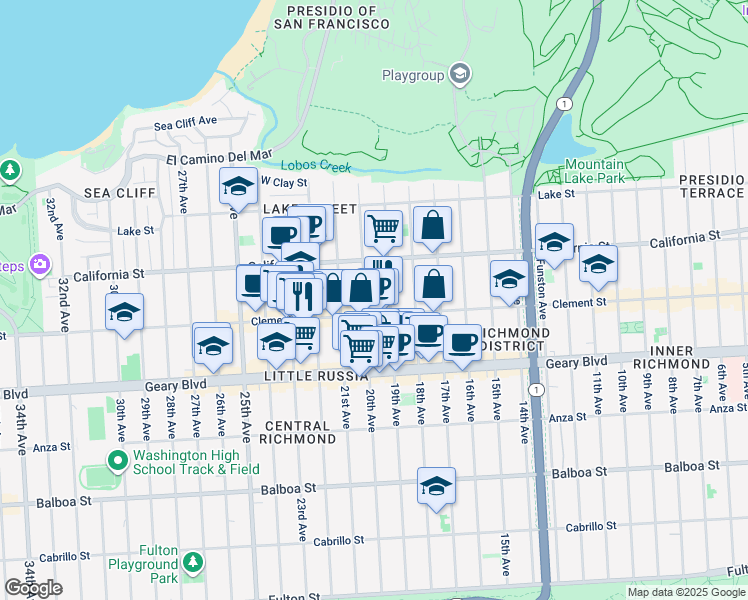 map of restaurants, bars, coffee shops, grocery stores, and more near 236 20th Avenue in San Francisco