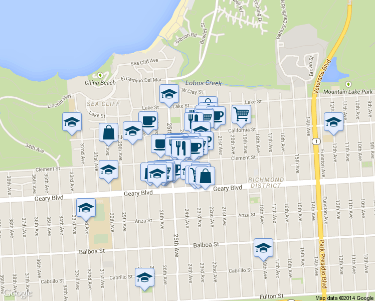 map of restaurants, bars, coffee shops, grocery stores, and more near 317 24th Avenue in San Francisco