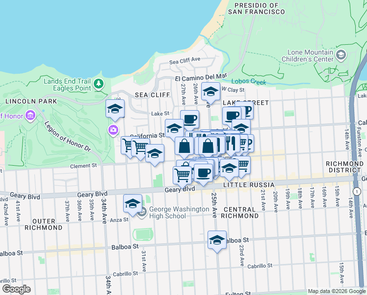 map of restaurants, bars, coffee shops, grocery stores, and more near 302 27th Avenue in San Francisco