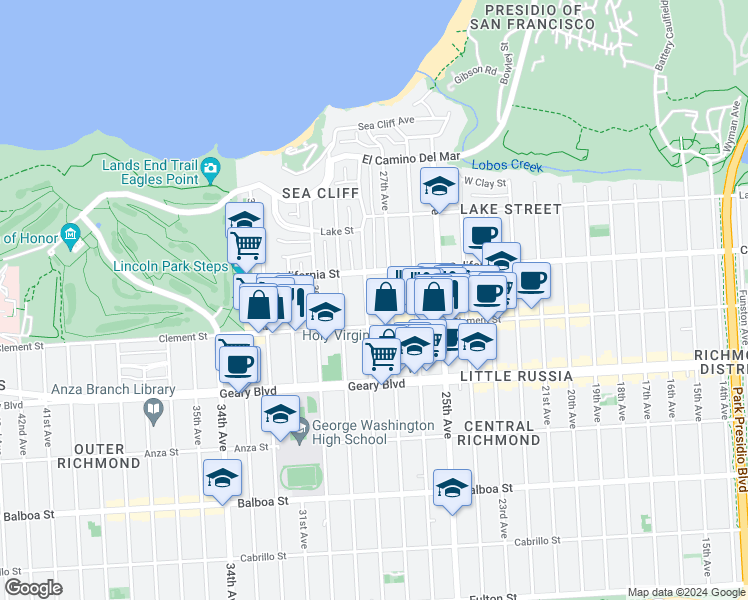 map of restaurants, bars, coffee shops, grocery stores, and more near 324 29th Avenue in San Francisco