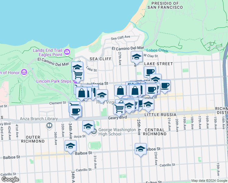 map of restaurants, bars, coffee shops, grocery stores, and more near 324 29th Avenue in San Francisco
