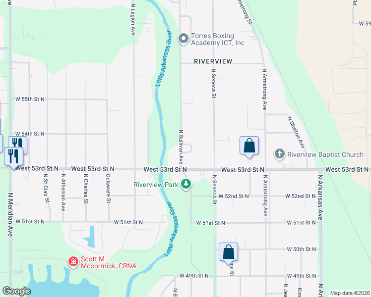map of restaurants, bars, coffee shops, grocery stores, and more near 5470 North Sullivan Court in Wichita
